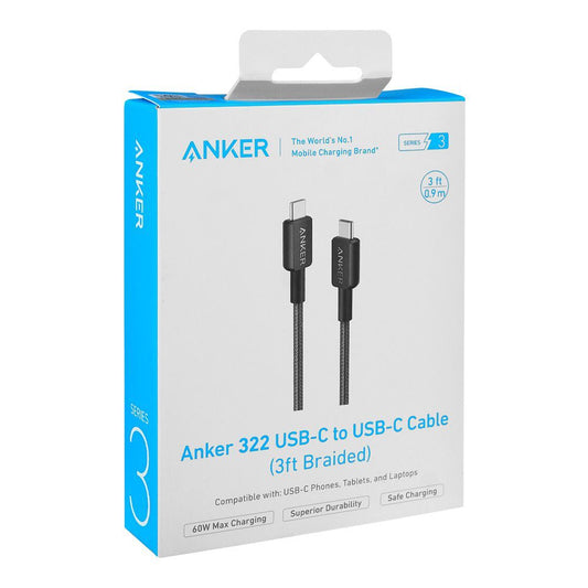 Anker 322 USB-C To USB-C Cable, 3ft Braided, 60W Max Charging, Cable Length 3ft/0.9m, Black, A81F5H11