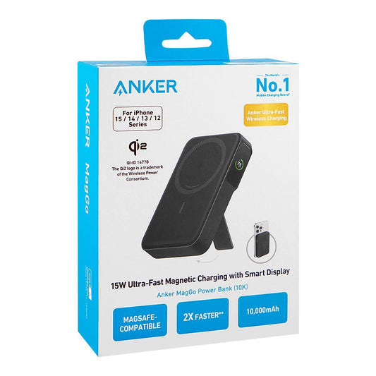Anker MagGo 10000mAh 15W Wireless Power Bank for iPhone 15/14/13/12 Series – Magnetic MagSafe Portable Charger (A1654H11) – Black