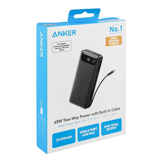 Anker 20000mAh 65W Two-Way Fast Charging Power Bank with Built-In USB-C Cable & 87W USB-A Port (A1383H11) – Black