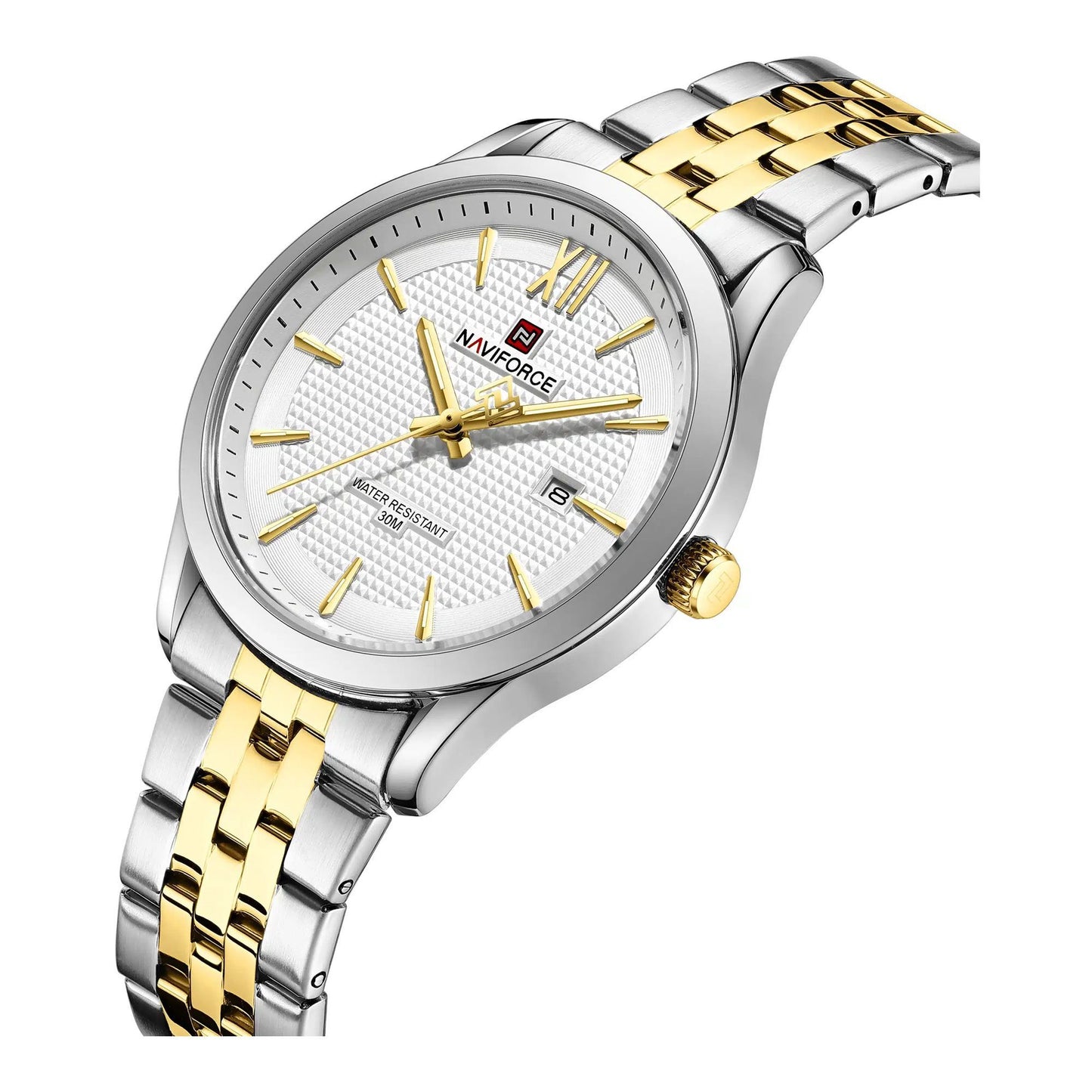 Naviforce Date Master Men's Analog Watch With White Dial & Stainless Steel Chain, NF9255 S/W/G