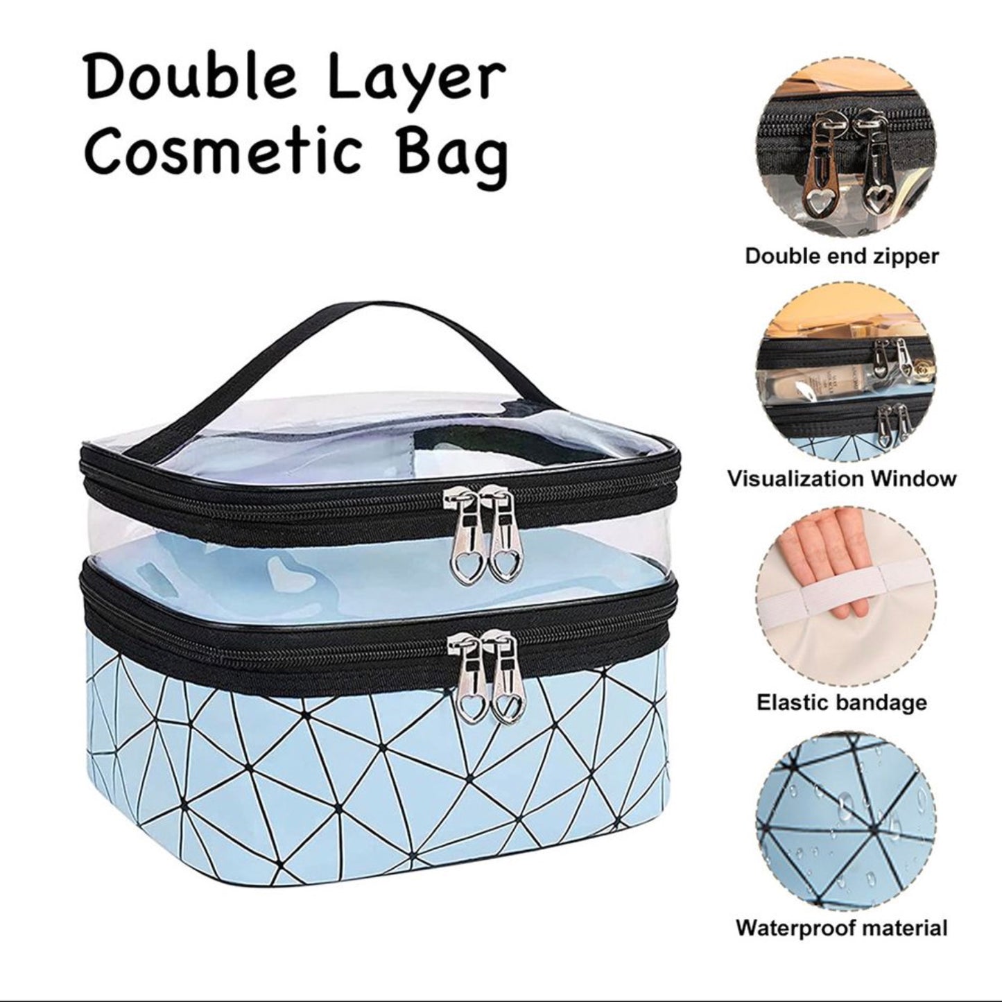 Waterproof Double Layer Zipper Travel Cosmetic Bag Makeup Organizer