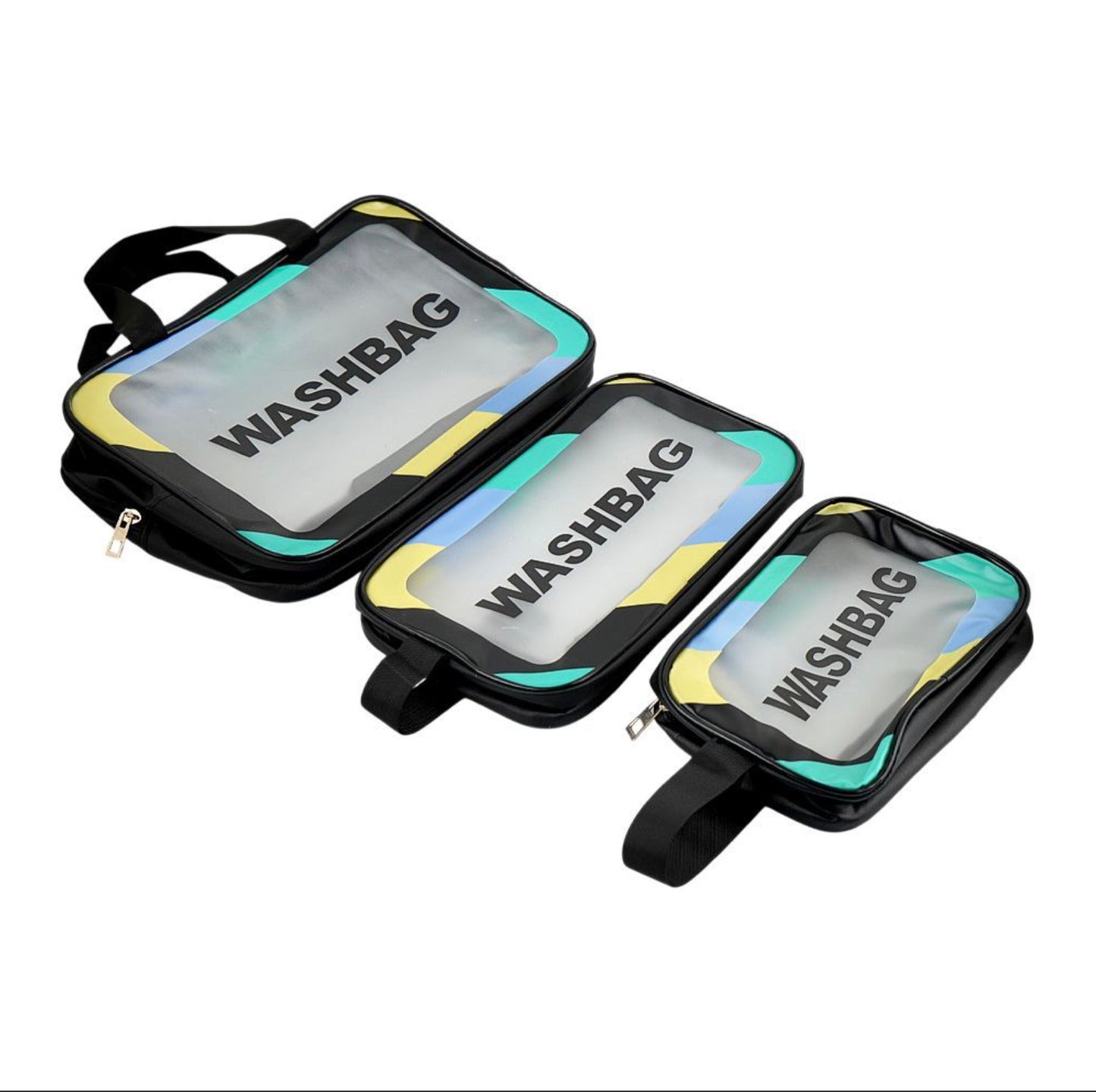 AJF PVC Waterproof Cosmetic Bag Rainbow Border Black Large 3 Piece