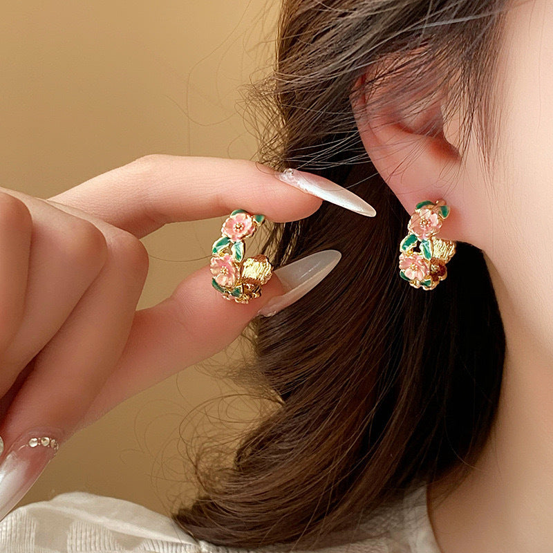 Pink Rose & Leaf Earring