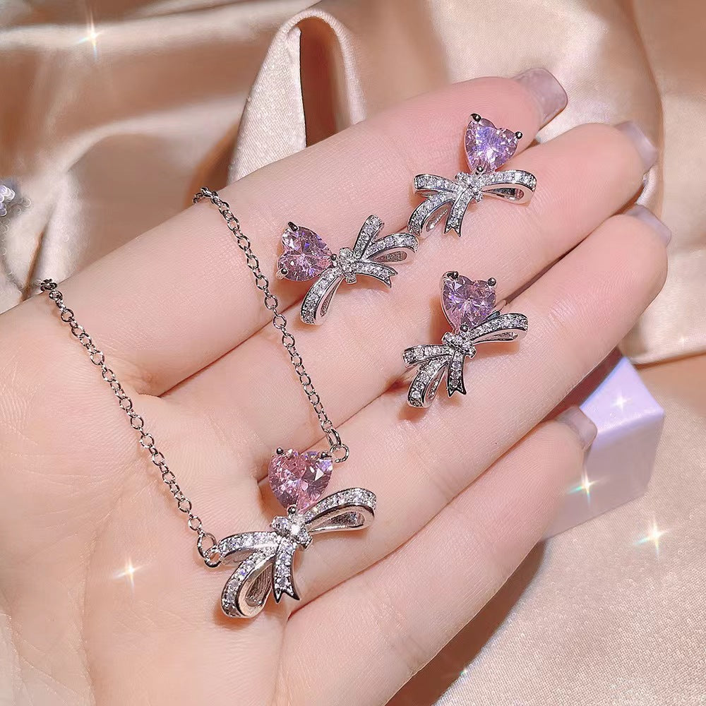 Bow Heart Diamond Silver Jewellery Set