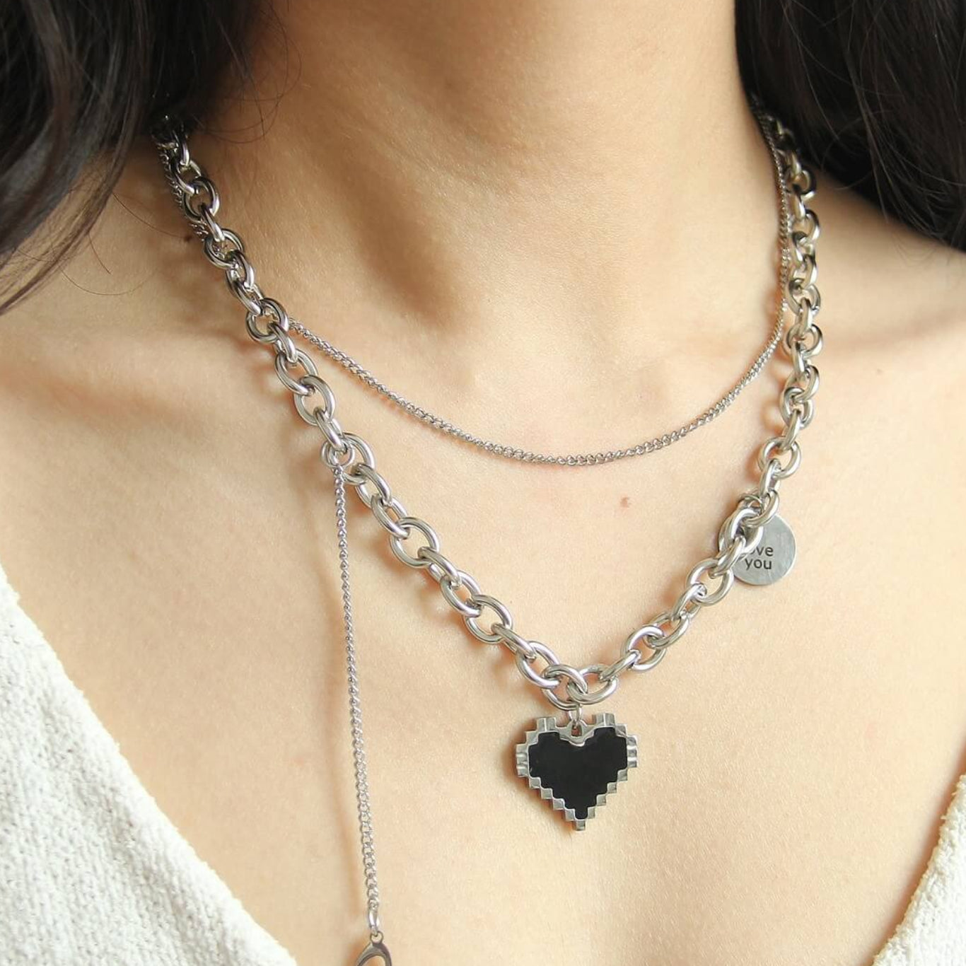 UNI-11963 -Black Heart Double Layer Chain - Necklace