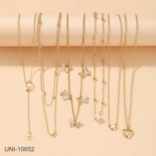 UNI-10652 - Pearl & Butterfly Gold - Necklace Set Of 6