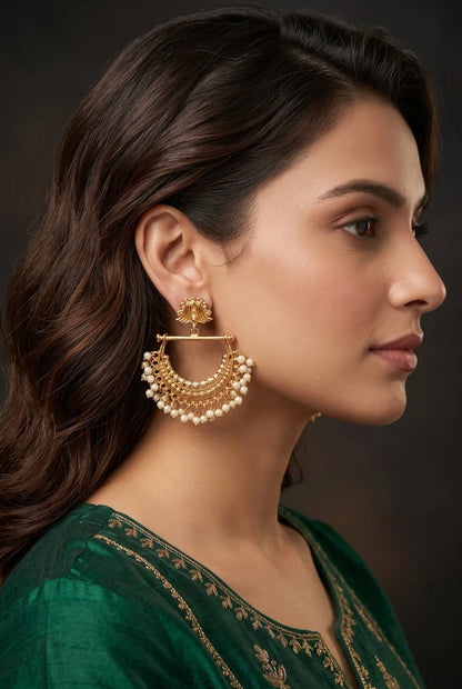 Premium Style Golden Chand Bali Pearl Latkans Earrings