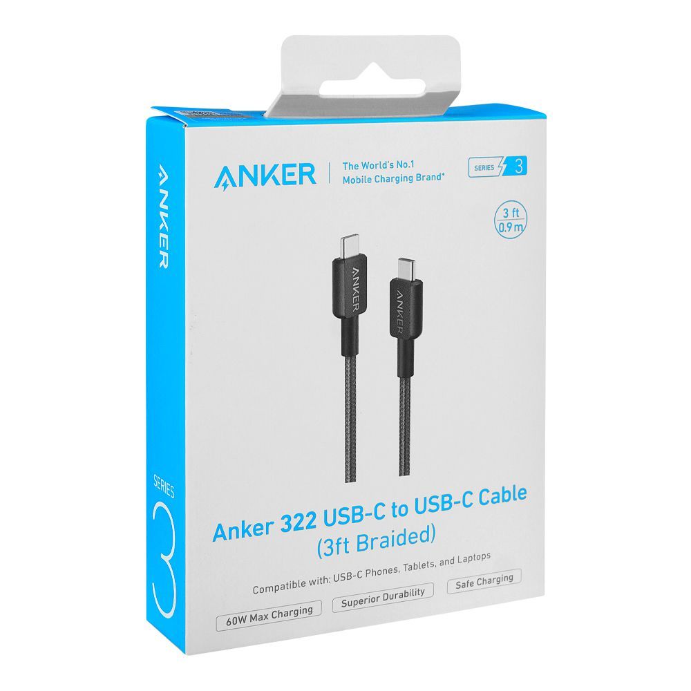 Anker 322 USB-C To USB-C Cable, 3ft Braided, 60W Max Charging, Cable Length 3ft/0.9m, Black, A81F5H11