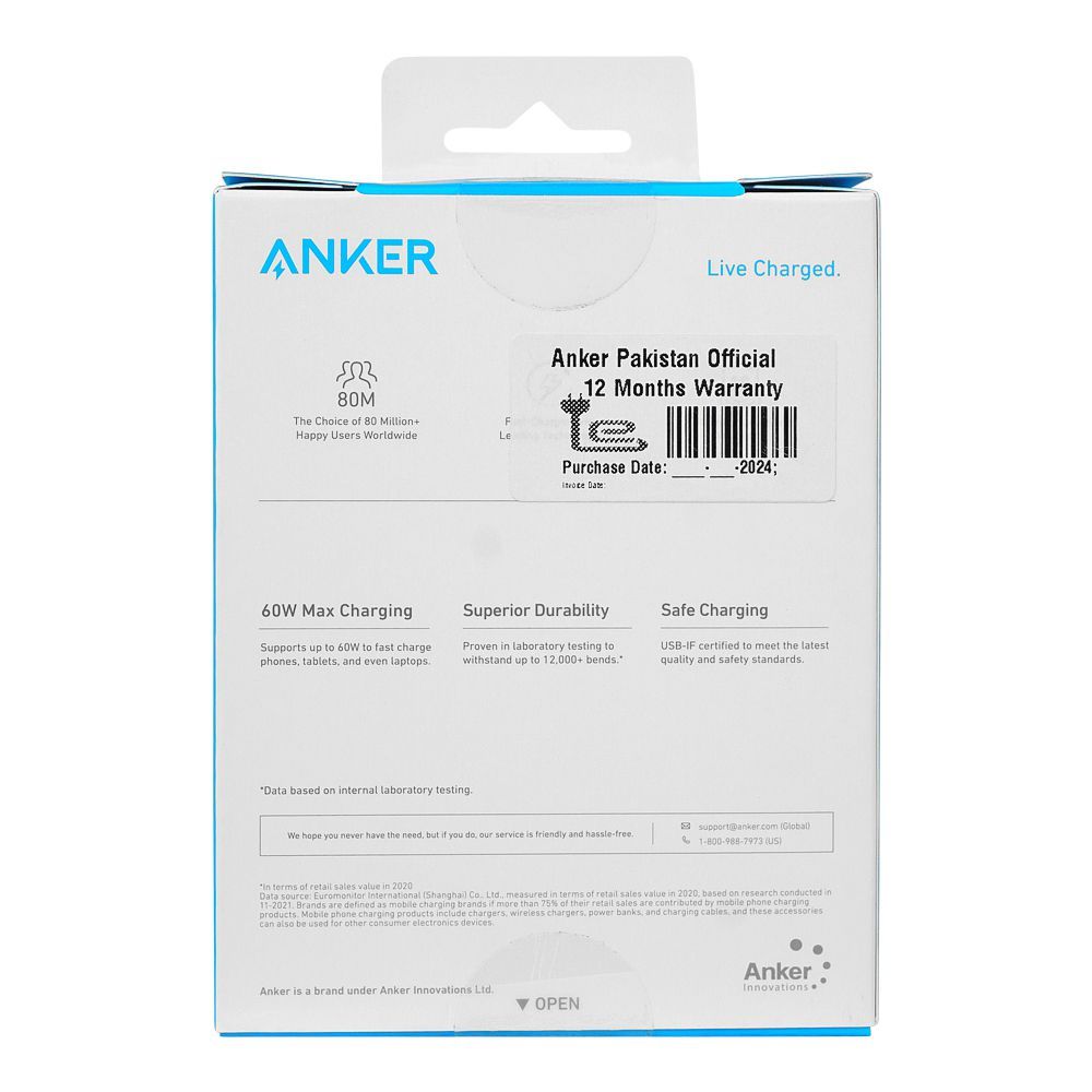 Anker 322 USB-C To USB-C Cable, 3ft Braided, 60W Max Charging, Cable Length 3ft/0.9m, Black, A81F5H11