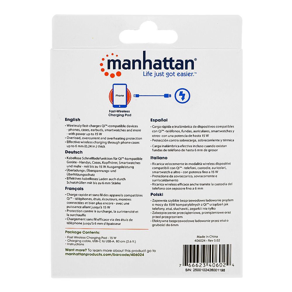 Manhattan 15W Fast Wireless Charging Pad, 406024
