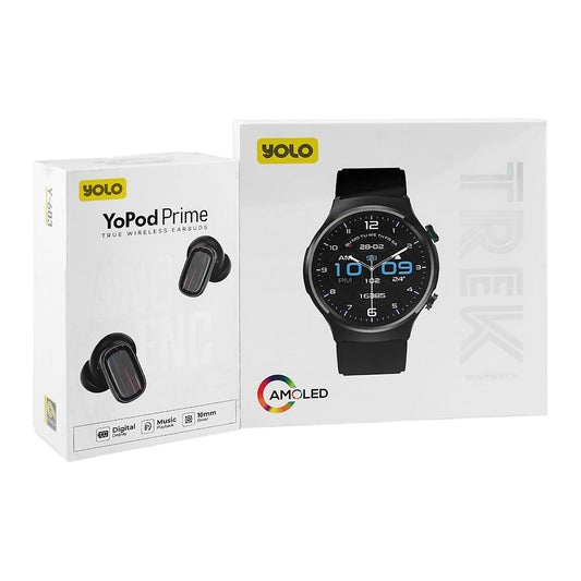Yolo 1.43 Inch Amoled Display Trek Smart Watch, 10 Meters Waterproof, 25 Days Standby Battery Life, Dual Silicone Straps, Black, With Y-603 YoPod Prime True Wireless Earbuds