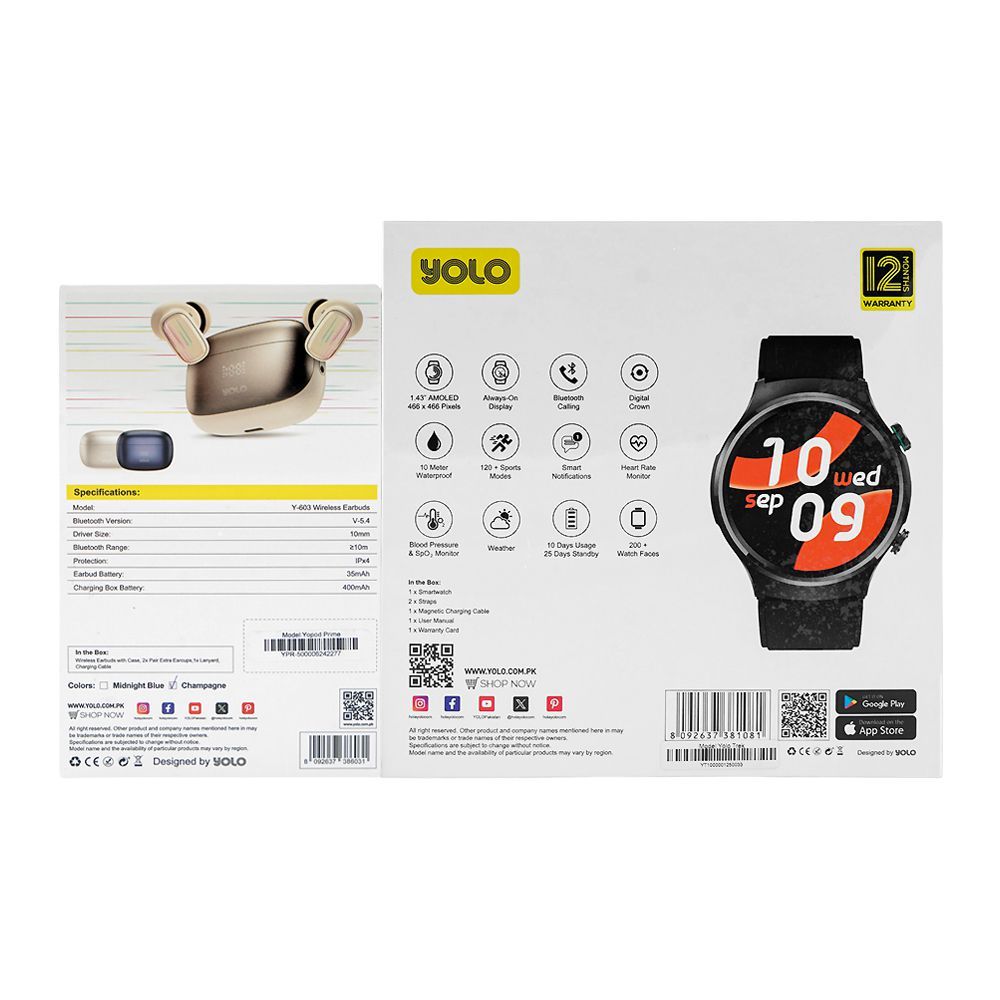 Yolo 1.43 Inch Amoled Display Trek Smart Watch, 10 Meters Waterproof, 25 Days Standby Battery Life, Dual Silicone Straps, Black, With Y-603 YoPod Prime True Wireless Earbuds