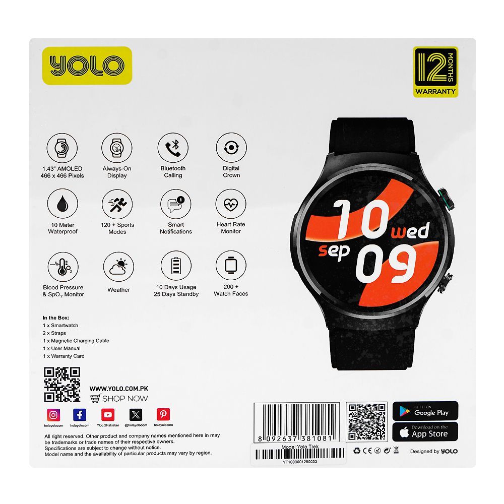 Yolo 1.43 Inch Amoled Display Trek Smart Watch, 10 Meters Waterproof, 25 Days Standby Battery Life, Dual Silicone Straps, Black, With Y-603 YoPod Prime True Wireless Earbuds