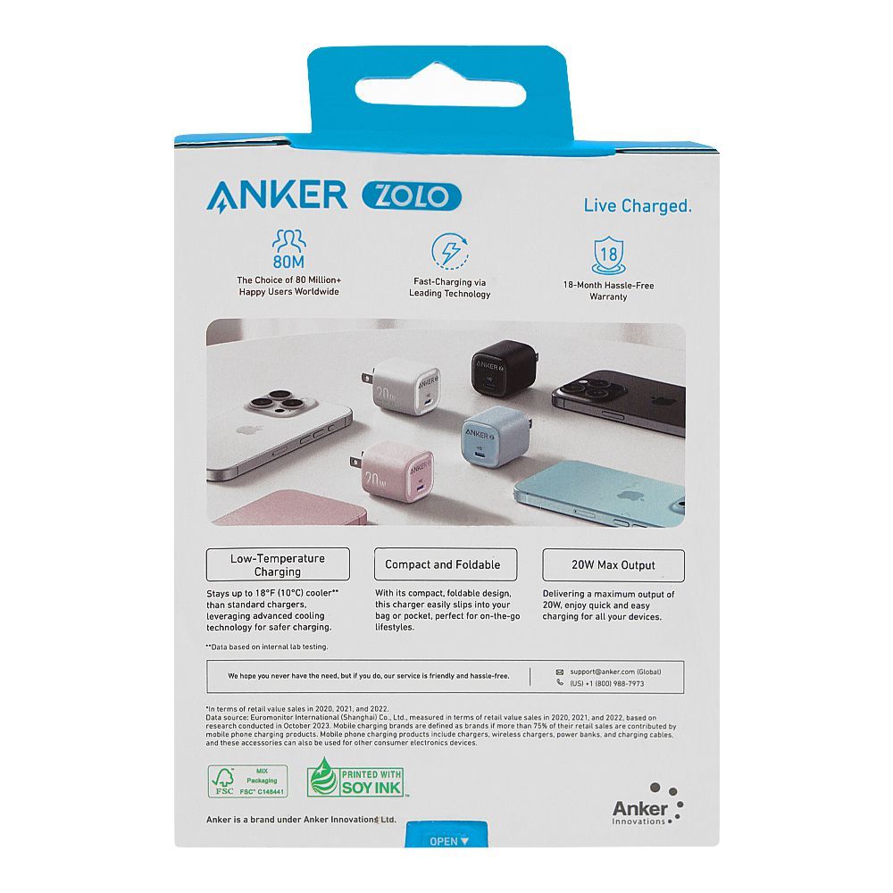Anker Zolo Fast Charger For Apple & Samsung, 20W, PD 3.0, White, A2699J21