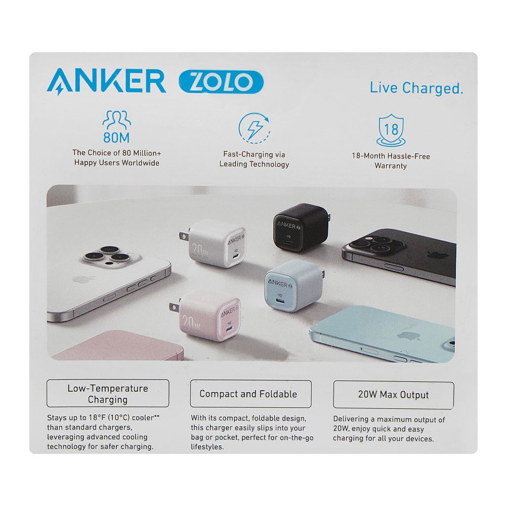 Anker Zolo Fast Charger For Apple & Samsung, 20W, PD 3.0, White, A2699J21