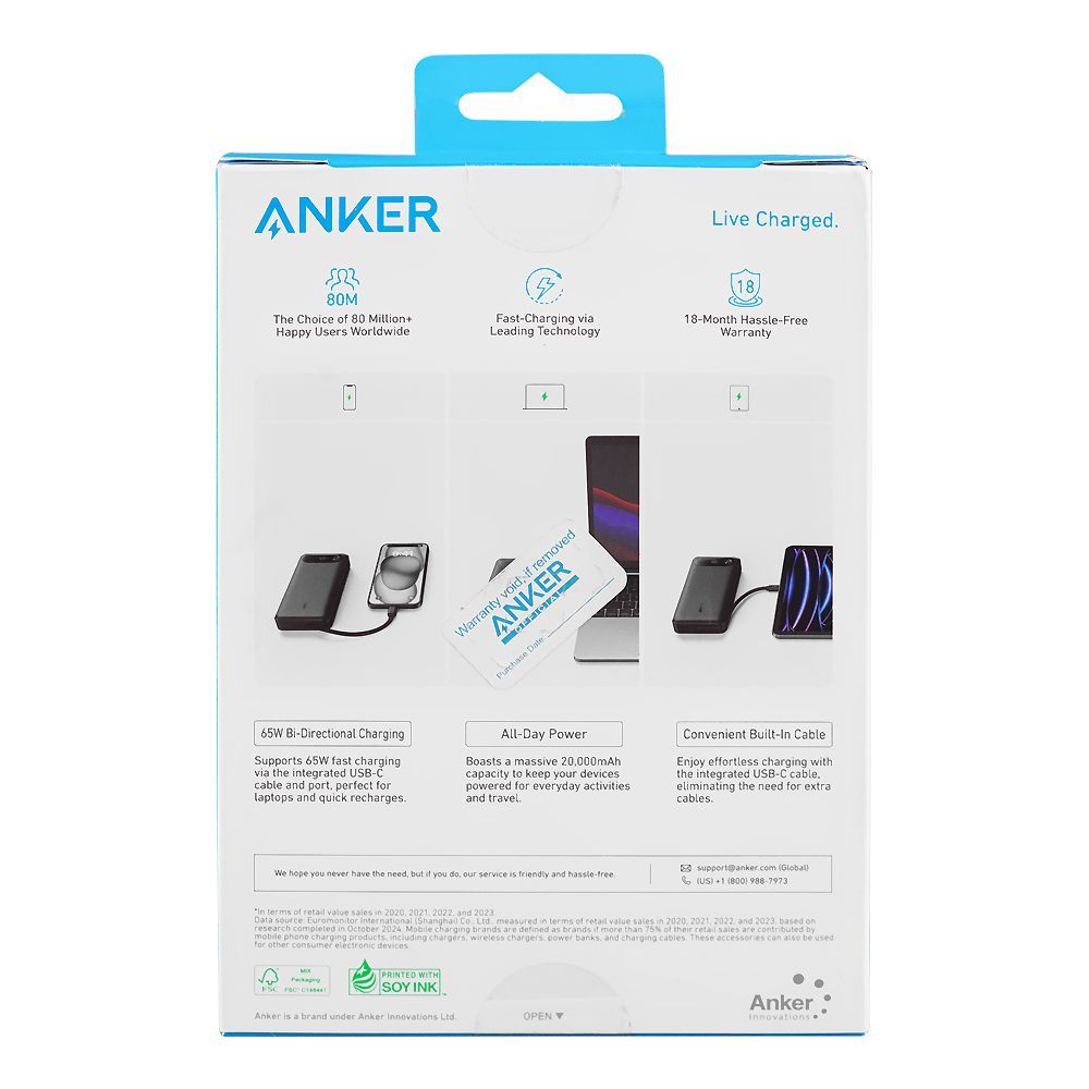 Anker 20000mAh 65W Two-Way Fast Charging Power Bank with Built-In USB-C Cable & 87W USB-A Port (A1383H11) – Black