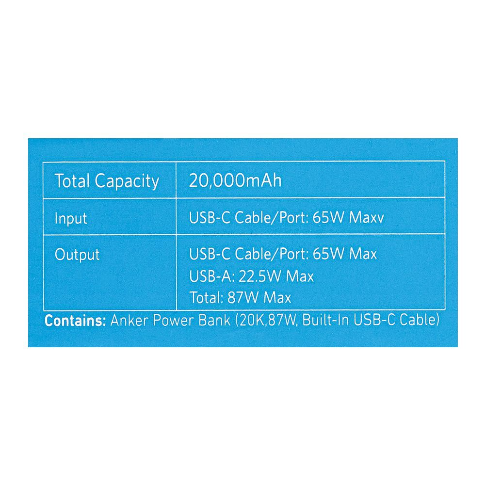 Anker 20000mAh 65W Two-Way Fast Charging Power Bank with Built-In USB-C Cable & 87W USB-A Port (A1383H11) – Black