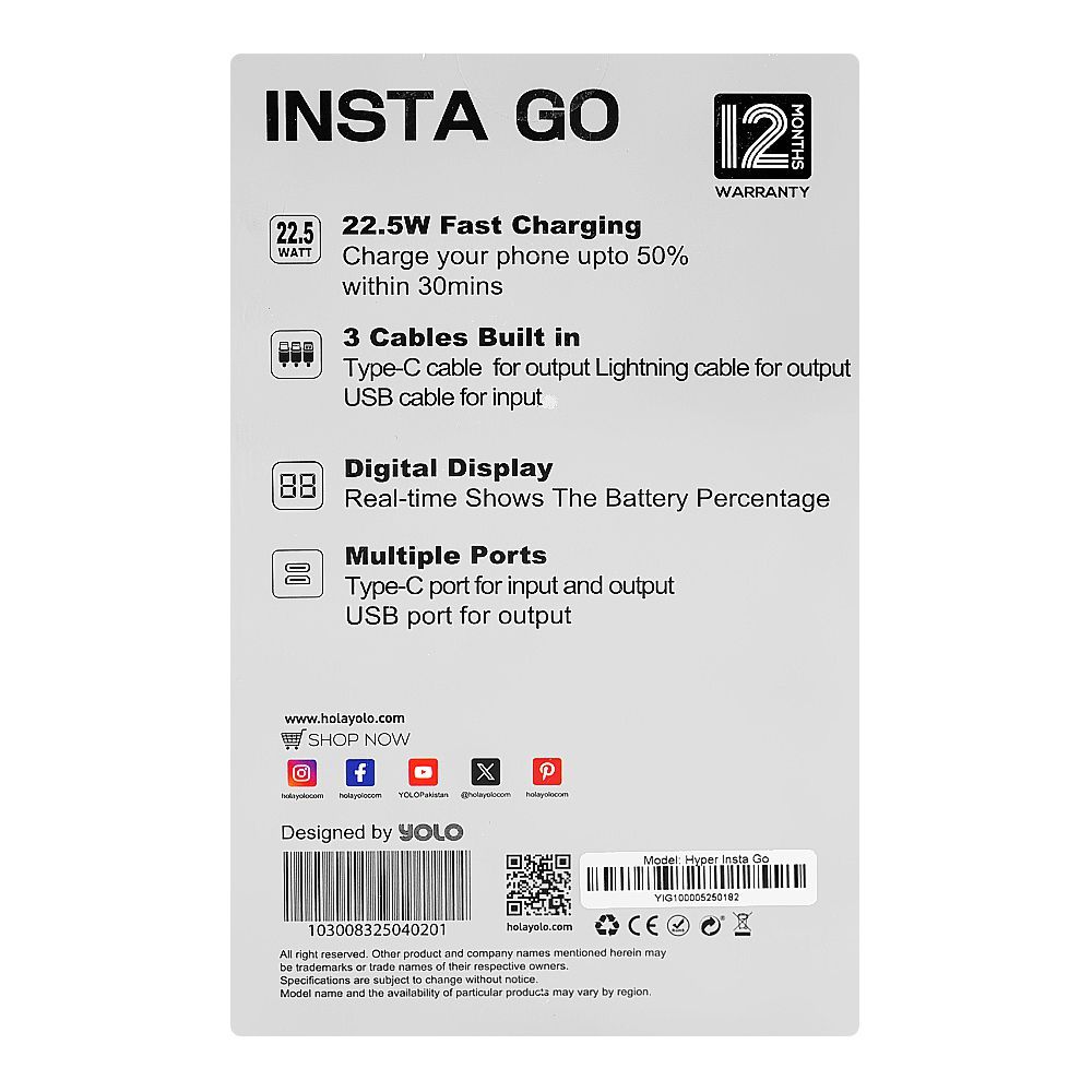 YOLO Hyper Insta Go 10000mAh 22.5W Power Bank with Built-In Type-C & Lightning Cables – Fast Charging Portable Charger