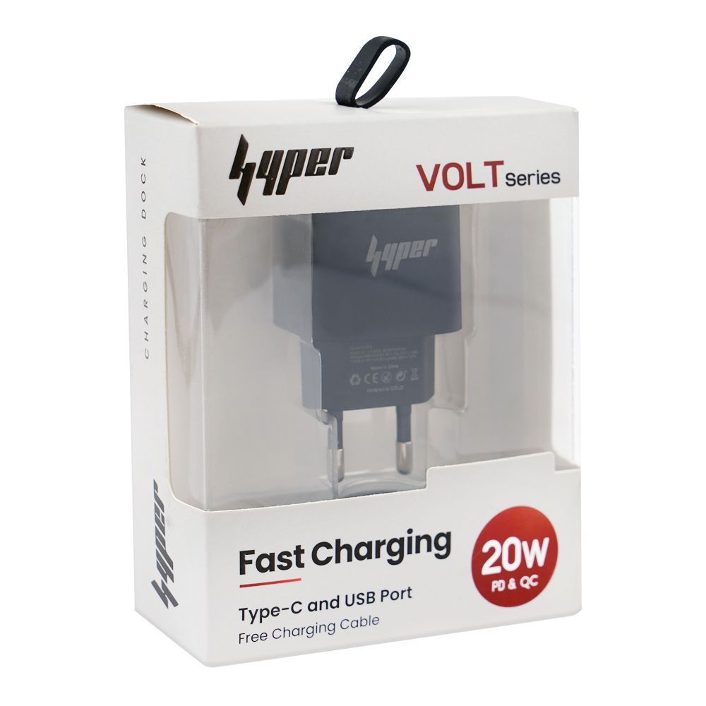Yolo Hyper Volt Series 20W PD & QC Type-C & USB-A Port Fast Charger With Cable, Black, Y-203