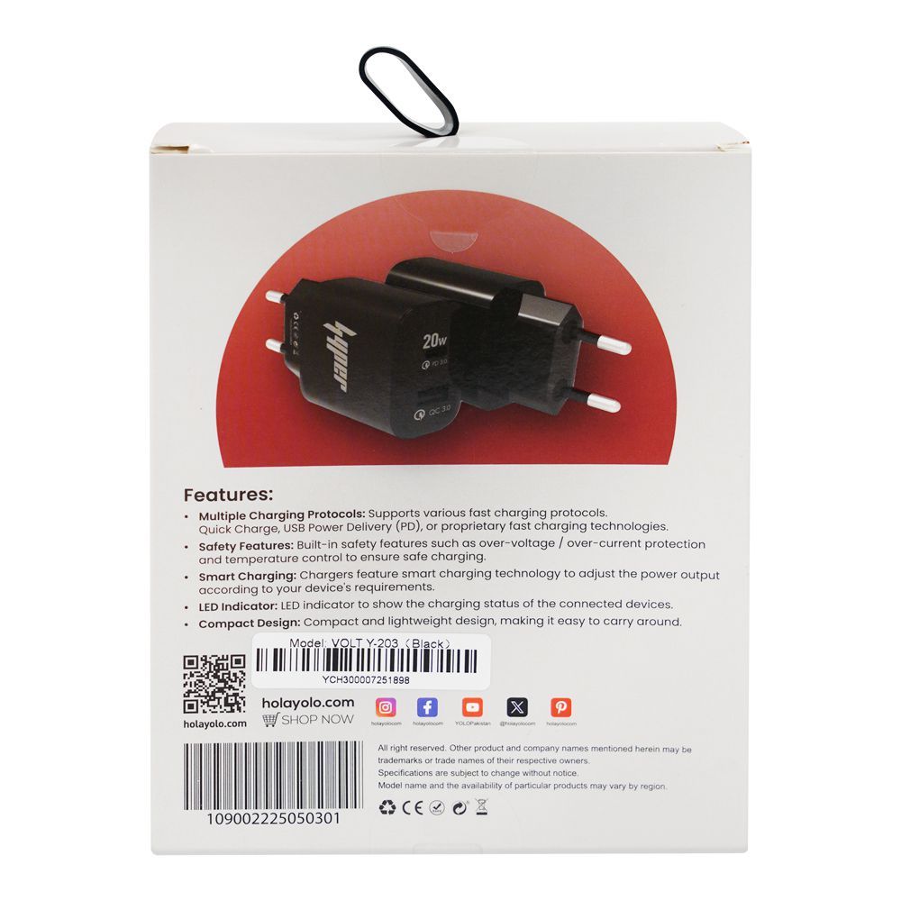 Yolo Hyper Volt Series 20W PD & QC Type-C & USB-A Port Fast Charger With Cable, Black, Y-203