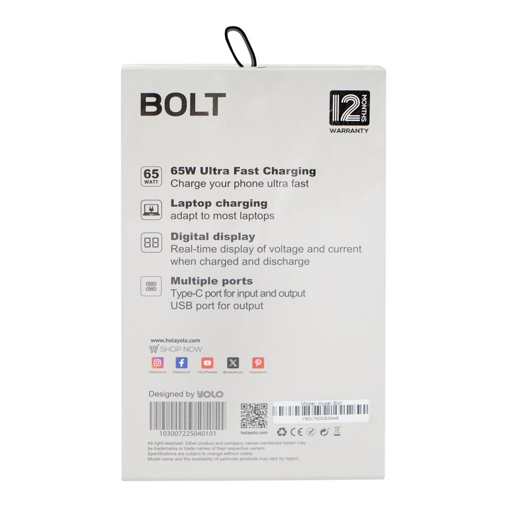 Yolo Hyper Bolt 30000mAh 65W USB-C & USB-A Port, Power Bank