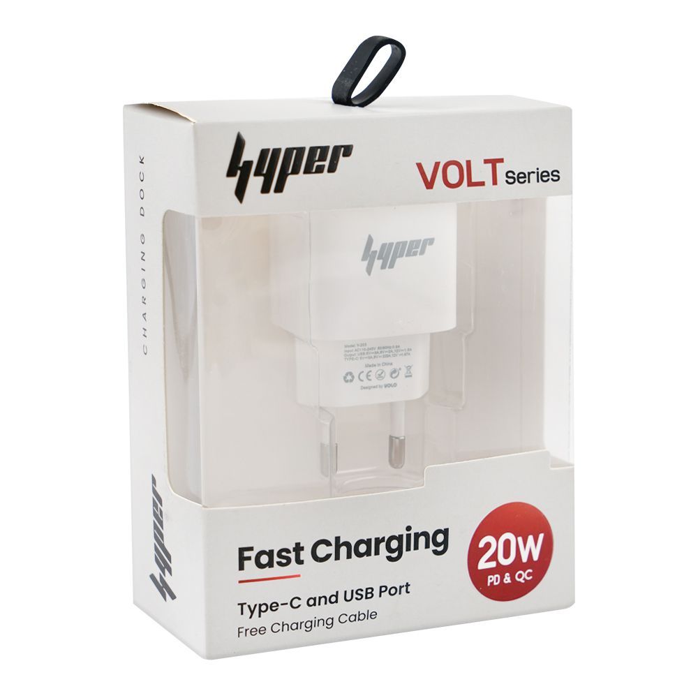 Yolo Hyper Volt Series 20W PD & QC Type-C & USB-A Port Fast Charger With Cable, White, Y-203