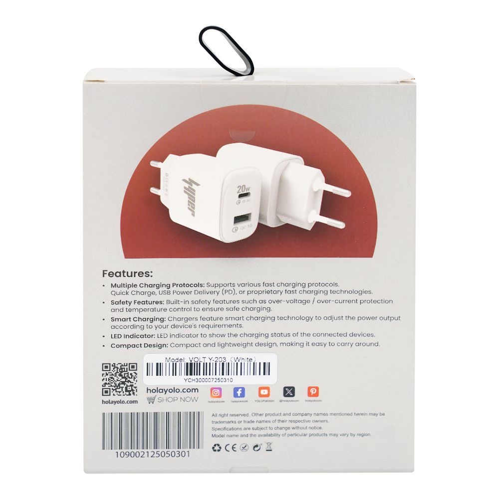 Yolo Hyper Volt Series 20W PD & QC Type-C & USB-A Port Fast Charger With Cable, White, Y-203