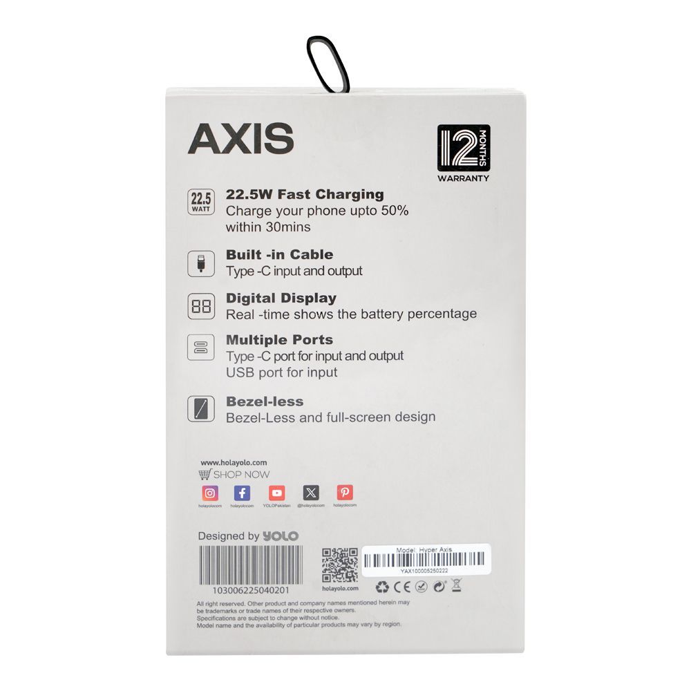 Yolo Hyper Axis 10000mAh 22.5W USB-C & USB-A Port, Power Bank