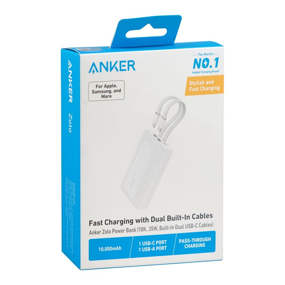 Anker Zolo 10000mAh 35W Power Bank with Dual Built-In USB-C Cables, Fast Charging Portable Charger (A1680H22) – White