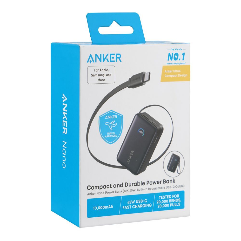 Anker Nano Power Bank, 10000mAh, 45W, Built-In USB-C Cable, Black, A1638H11