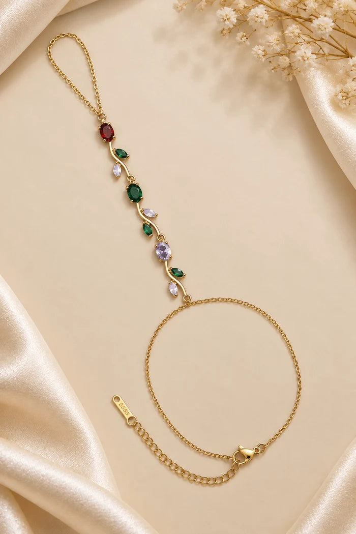Premium Stainless Steel Zircon Leaf Hand Chain Bracelet