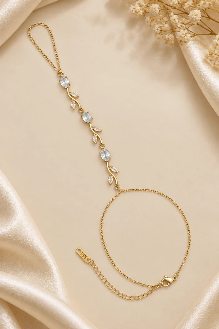 Premium Stainless Steel Zircon Leaf Hand Chain Bracelet