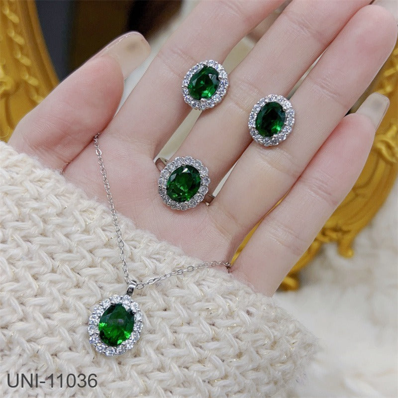 UNI-11036 - Green Diamond Silver - Jewelry Set