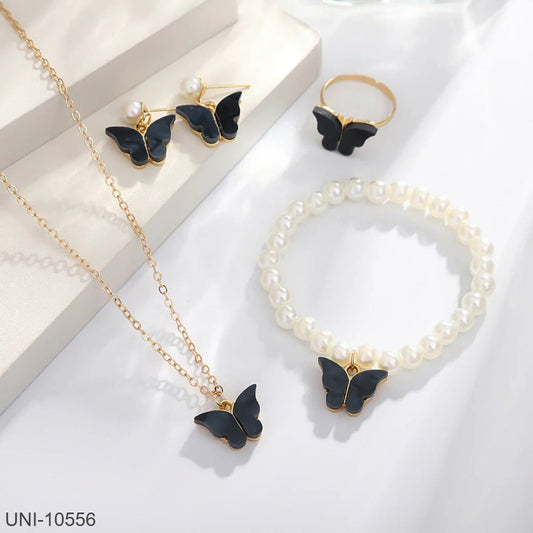 UNI-10556 - Black Butterfly Pearl Gold - Jewelry Set