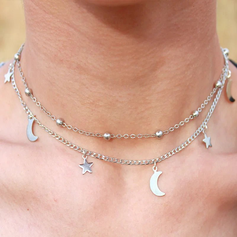 UNI-10457 - Silver Moon & Star Double Layer - Necklace