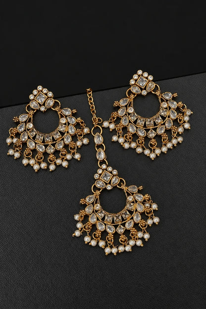 Traditional Semi-Precious Stone Chand Bali Earring Tikka Set