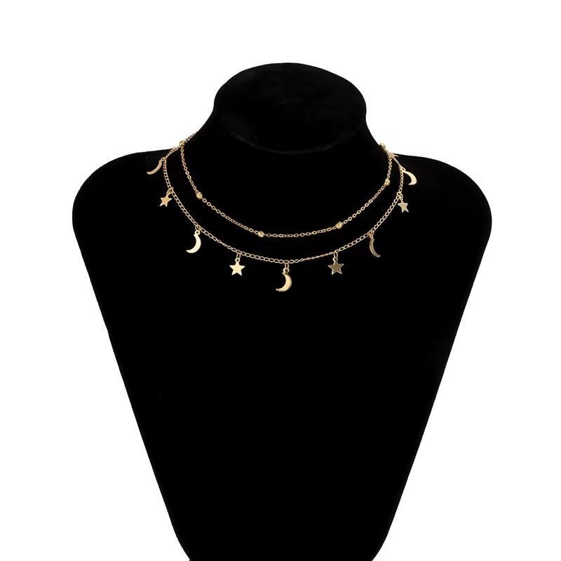 UNI-10456 - Gold Moon & Star Double Layer - Necklace