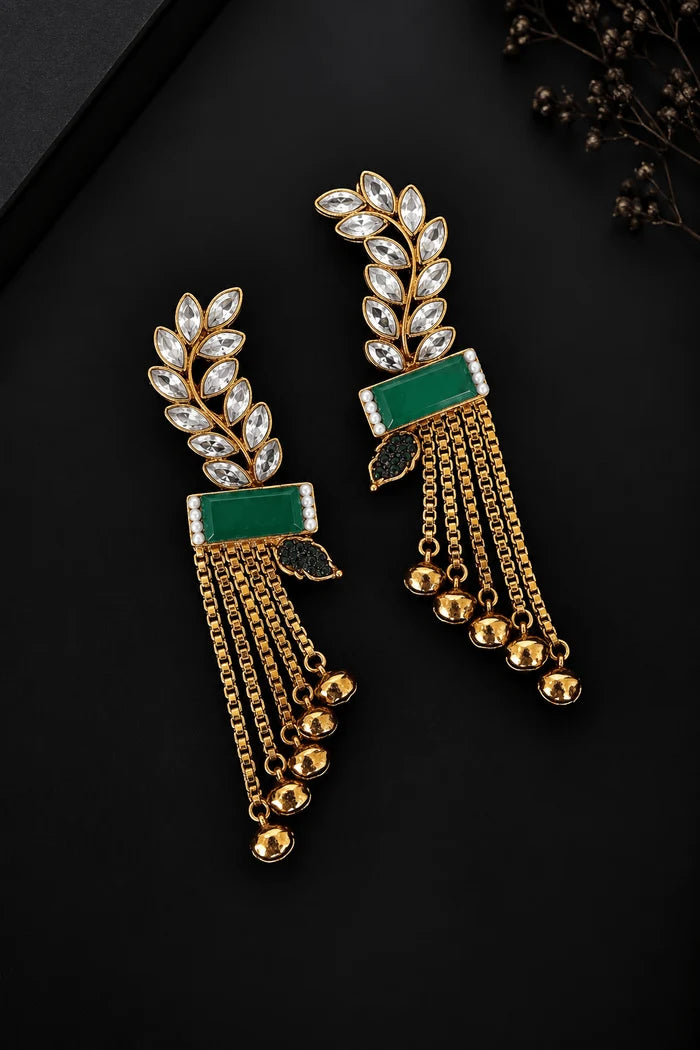 Turkish Antique Gems Leaf & Hanging Chain Design Earrings