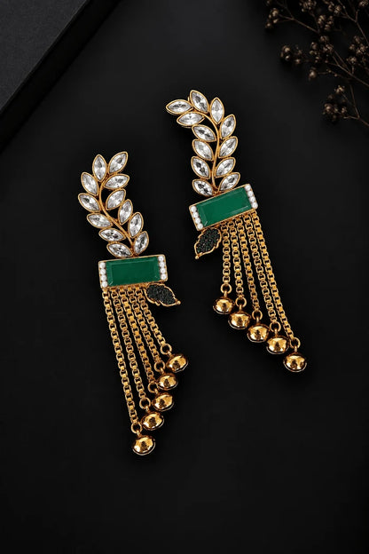 Turkish Antique Gems Leaf & Hanging Chain Design Earrings