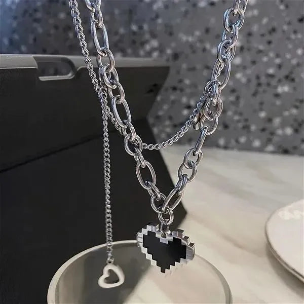UNI-11963 -Black Heart Double Layer Chain - Necklace