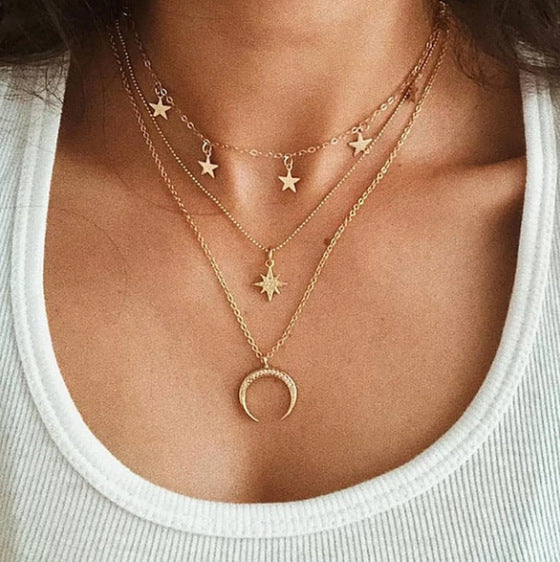 UNI-10646 - 3 Layered Mon & Star - Necklace Set