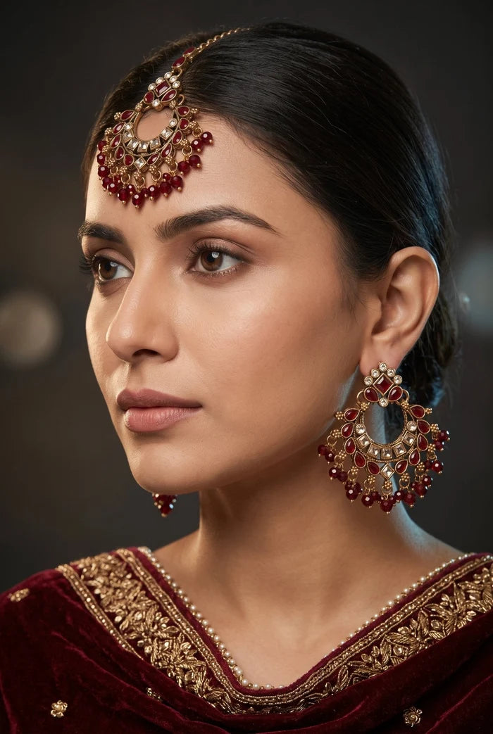 Traditional Semi-Precious Stone Chand Bali Earring Tikka Set