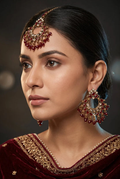 Traditional Semi-Precious Stone Chand Bali Earring Tikka Set