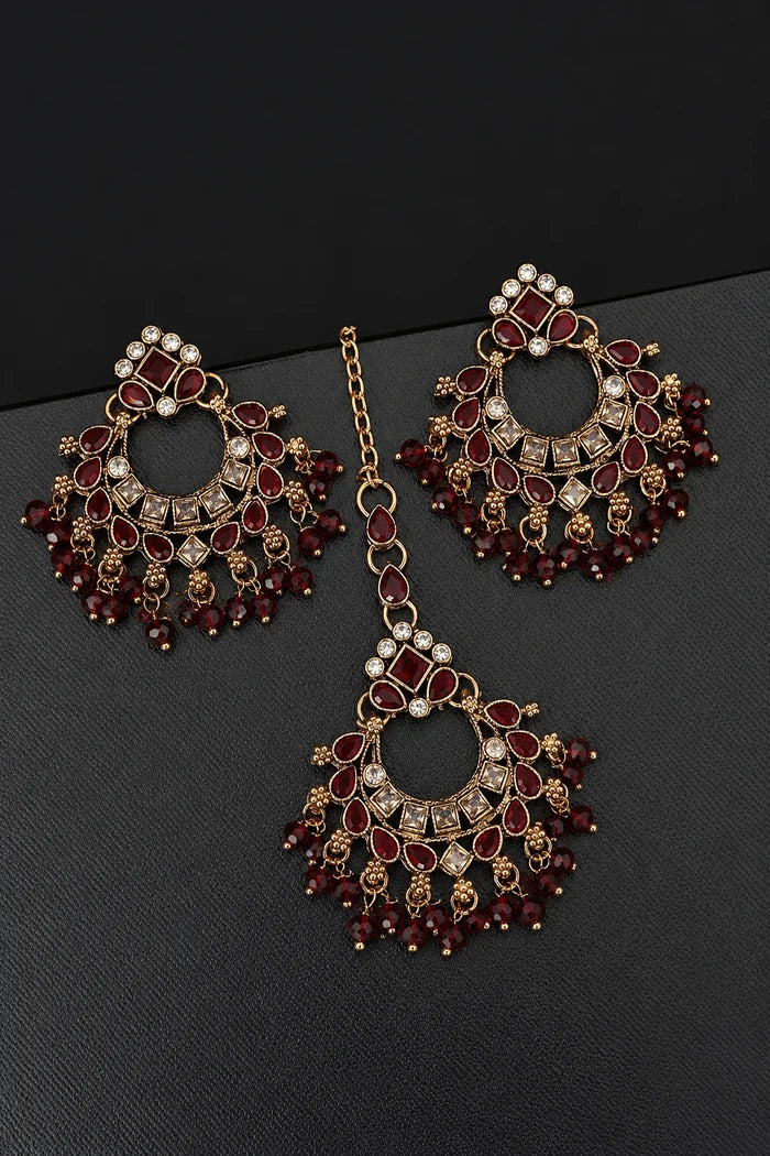 Traditional Semi-Precious Stone Chand Bali Earring Tikka Set