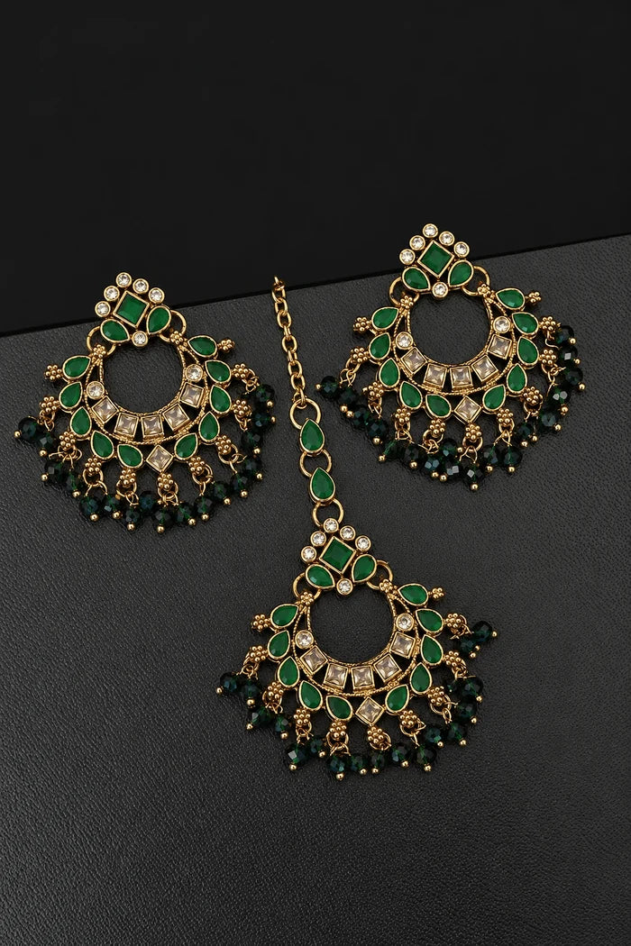 Traditional Semi-Precious Stone Chand Bali Earring Tikka Set