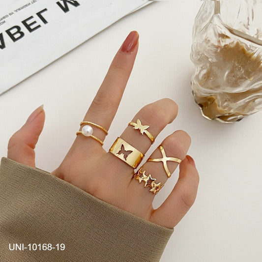 UNI-10168-19 - Butterfly & Pearl Gold - Ring Set Of 5