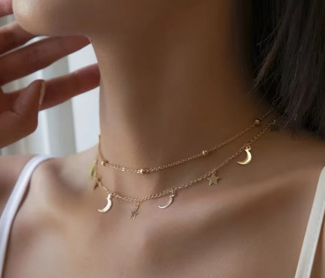 UNI-10456 - Gold Moon & Star Double Layer - Necklace