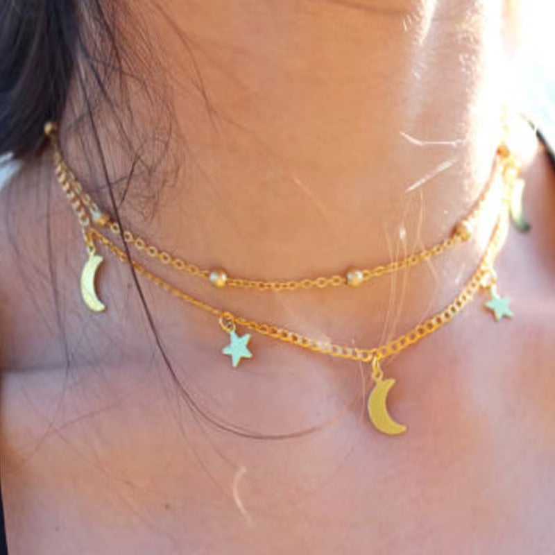 UNI-10456 - Gold Moon & Star Double Layer - Necklace