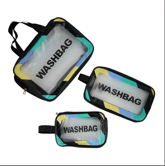 AJF PVC Waterproof Cosmetic Bag Rainbow Border Black, Large, 3-Piece Set