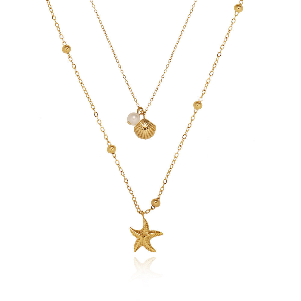 SS-11711 - Star Fish & Sea Shell Pearl Gold Double Layer - Necklace